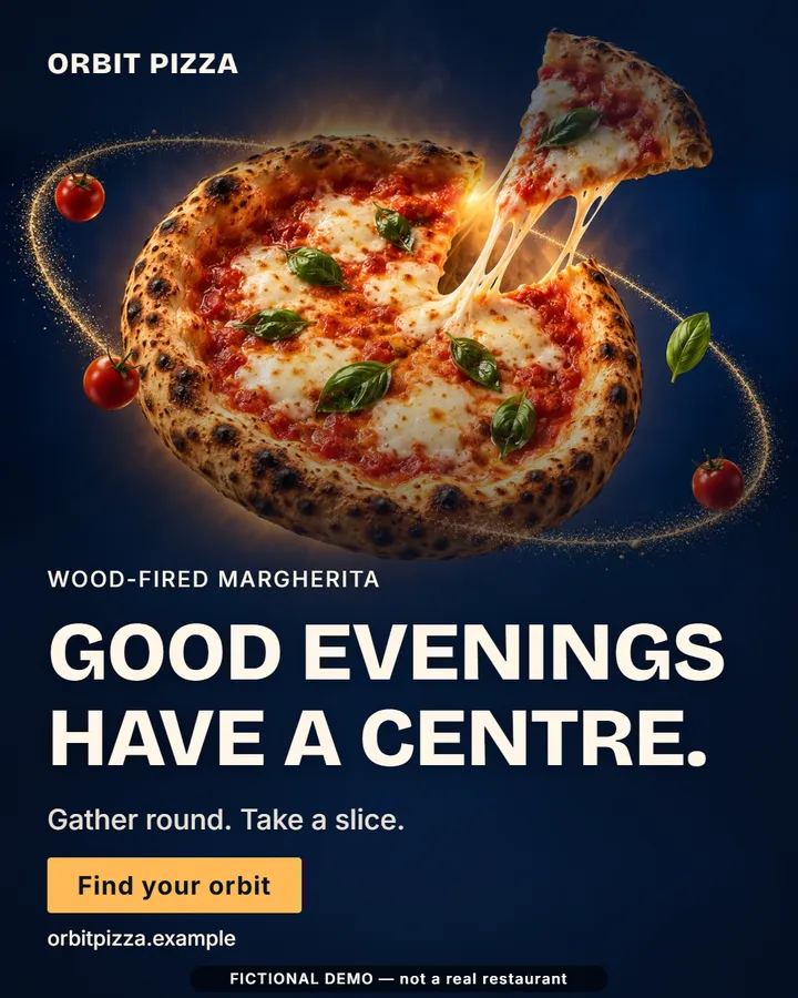 ORBIT PIZZA · fictional Dubai pizzeria: Good evenings have a centre.